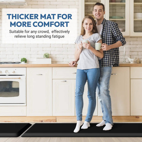 Extra Thick Anti Fatigue Kitchen Mat Cushioned Floor Rug For Standing Comfort Grippy Non Slip Water Resistant Easy To Clean 17 By 24 Inch Black Kitchen And Sink Mat For Home Office, shown in a kitchen setting.