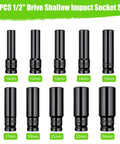 Built Tough Ten Piece Half Inch Drive Impact Socket Set Metric Deep Well Six Point Chrome Vanadium Wrenches displayed on white background.
