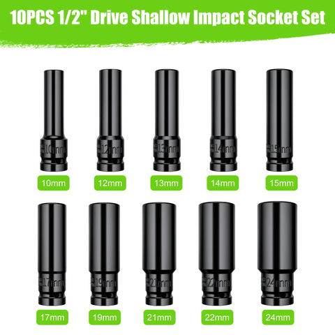 Built Tough Ten Piece Half Inch Drive Impact Socket Set Metric Deep Well Six Point Chrome Vanadium Wrenches displayed on white background.