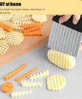 Close-up of stainless steel wavy-crinkle cutter blades with potato slices; 3-piece Amazon kitchen set.