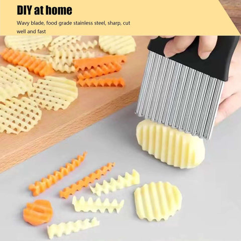 Close-up of stainless steel wavy-crinkle cutter blades with potato slices; 3-piece Amazon kitchen set.