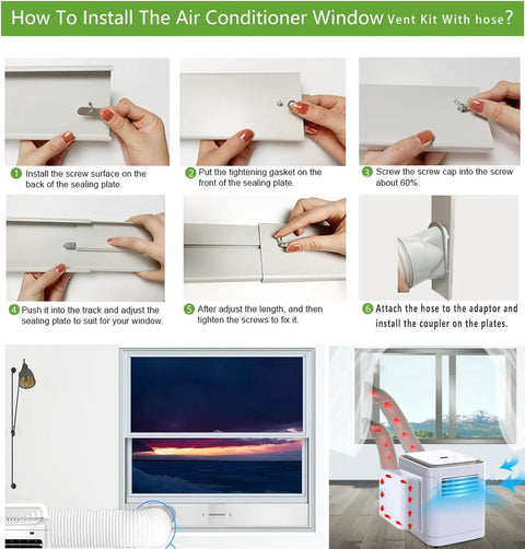 Instructions for Easy Portable AC Window Vent Kit With Adjustable Vertical Or Horizontal Sliding Window Plate For Window AC Units, 5.9 Inch Diameter Seal And 59 Inch Exhaust Hose showing installation steps.