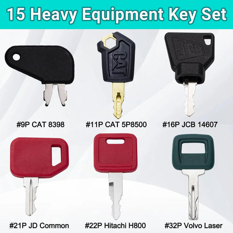 15 Piece Heavy Equipment Key Set Master Kit With Ignition And Operator Keys for excavators, loaders, tractors, skid steers visible