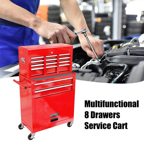 Heavy Duty 8 Drawer Rolling Tool Chest On Wheels With Locking Casters And Detachable Mobile Case in use in a garage setting.