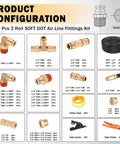Brass DOT air line fittings kit, 100 pcs with 3 rolls of 50 ft tubing; includes 1/4, 3/8, 1/2 in fittings