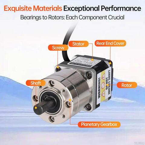 Geared Nema 14 Stepper Motor With Integrated Planetary Gearbox 50.9 To 1 Ratio front view, showing labeled components and materials