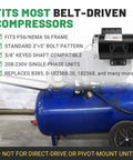 Heavy 5Hp Air Compressor Motor 3450 Rpm 208V Single Phase P56 Ccw Rotation 5/8 Inch Keyed Shaft Odp Rigid Mount on blue tank