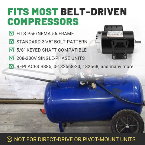 Heavy 5Hp Air Compressor Motor 3450 Rpm 208V Single Phase P56 Ccw Rotation 5/8 Inch Keyed Shaft Odp Rigid Mount on blue tank
