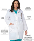 Relaxed Fit Five Pocket Three Button Full Length White Medical Lab Coat For Women with notch collar and five pockets.