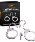 Real Deal Stainless Steel Leg Irons With 16 Inch Twist Chain Double Lock Restraints Police Grade Shackles on display with box.