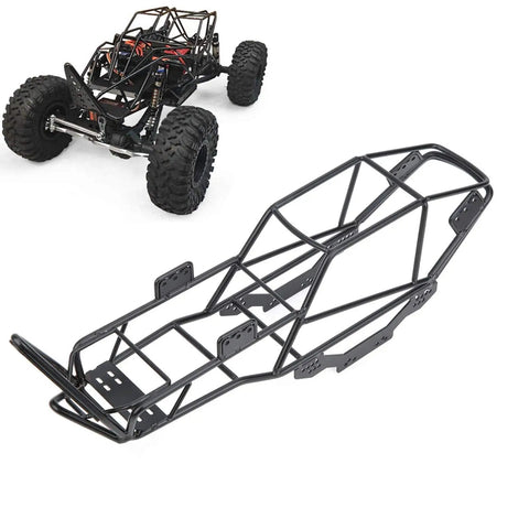 Heavy Duty RC Roll Cage Metal Frame For 1/10 Scale Crawler Trucks Full Tube Chassis Durable Black Metal Construction 355mm Length Fits Custom Builds And DIY Hobbyists Perfect For RC Crawler Projects, shown in assembled and standalone view.