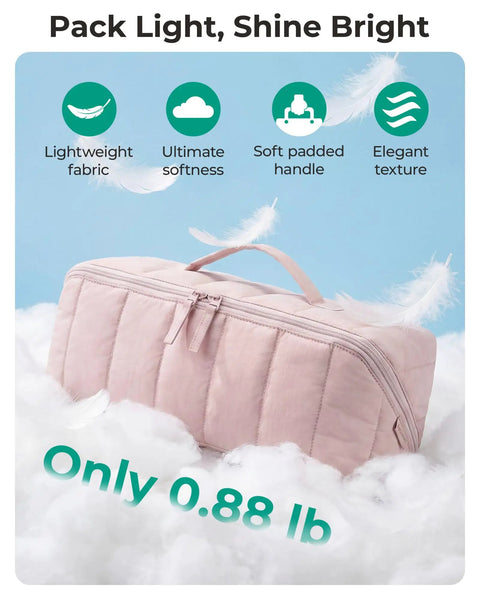 Hair Tool Organizer Travel Case For Dyson Airwrap And Shark FlexStyle, pink padded fabric, lightweight at 0.88 lb, on soft cloud.
