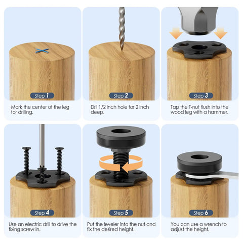 Installation steps for 12 Pack Adjustable Leveling Feet With Large Base And T Nut Kit For Sofas Tables Cabinets And Chairs. Step by step drill and adjust.