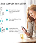 Woman using smartphone next to Deco S4 Mesh WiFi System setup diagram, showcasing easy setup with app instructions.
