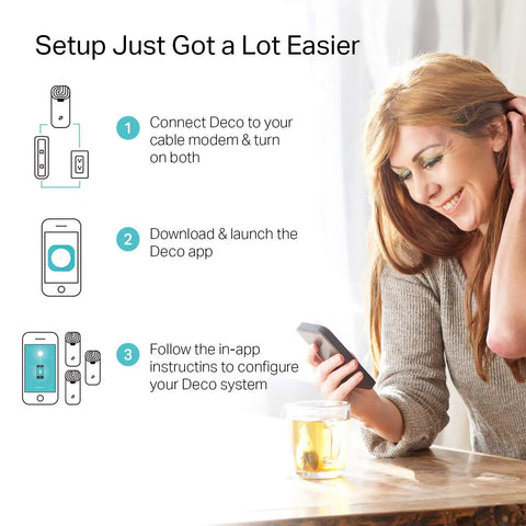 Woman using smartphone next to Deco S4 Mesh WiFi System setup diagram, showcasing easy setup with app instructions.