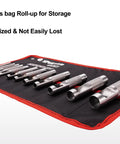 12 Piece Hollow Leather Punch Set Made Of Steel displayed in a rolled storage bag, highlighting organization for leather and gasket projects