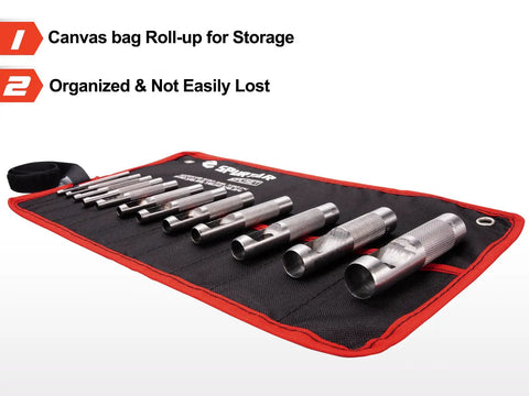 12 Piece Hollow Leather Punch Set Made Of Steel displayed in a rolled storage bag, highlighting organization for leather and gasket projects