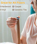 Woman holding Heavy Duty PTFE Furniture Slide Glides Four Pack Two Inch Round Chair Leg Caps for easy floor protection.