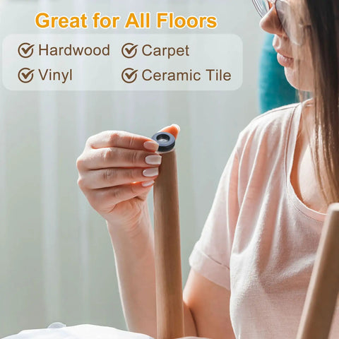 Woman holding Heavy Duty PTFE Furniture Slide Glides Four Pack Two Inch Round Chair Leg Caps for easy floor protection.