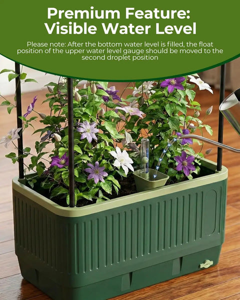 Raised Garden Bed Planter With Trellis For No Fuss Self Watering Tomatoes Climbing Plants And Veggies For Indoor Outdoor Patio Garden Great For Balcony And Yard Gardens And Aids Healthy Harvest with visible water level, showcased indoors with blooming flowers on trellis.