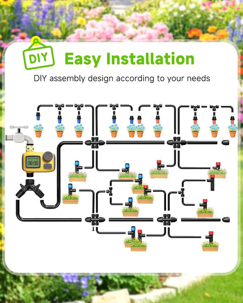 Smart Drip Irrigation System With LCD Timer And 246 Foot Layout, showing assembly design for garden irrigation.