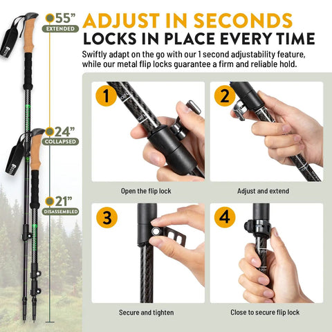 100 Percent Carbon Fiber Trekking Poles For Serious Hikes Lightweight Trail Ready Collapsible Hiking Poles adjustment steps