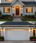 Top Shelves Two Pack Of 17 Inch Exterior Wall Sconces For House Facades showing modern farmhouse lights beside front door and garage.