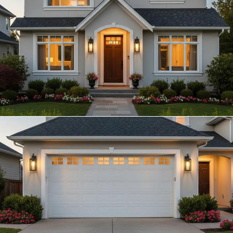 Top Shelves Two Pack Of 17 Inch Exterior Wall Sconces For House Facades showing modern farmhouse lights beside front door and garage.