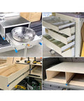 Heavy Duty Full Extension Drawer Slides That Lock Down Solid, shown in a kitchen cabinet and tool storage setup.