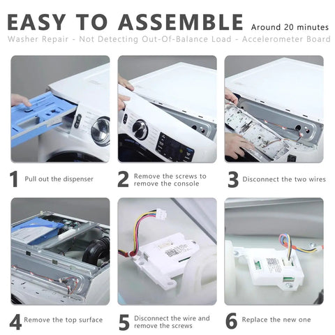 Washer Accelerometer Sensor Replacement for Quiet Spin and Smooth Laundry Day Vibration Control Module Fixes Unbalanced Loads and Excessive Vibration Will Not Spin Shakes Or Wet Clothes Easy Install and Durable Performance, white plastic sensor with wires