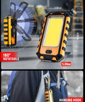 Rechargeable Magnetic Work Light With 40W LED 1500 Lumens Beast Mode Brightness Hanging Hook shown on backpack, yellow.