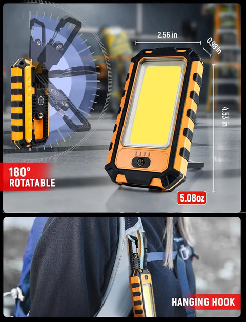 Rechargeable Magnetic Work Light With 40W LED 1500 Lumens Beast Mode Brightness Hanging Hook shown on backpack, yellow.