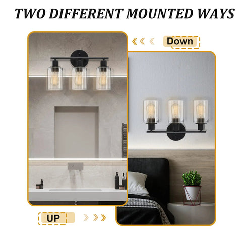 Sleek Dope Modern 3 Light Matte Black Vanity Light With Clear Glass Shades For Bathroom Mirror Wall Sconce Indoor Use Waterproof Design Perfect For Hallway Living Room Or Bedroom 17 Inch Wide shown mounted two ways