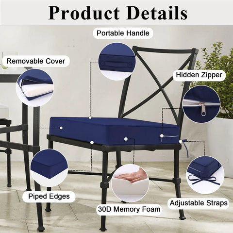 Blue Outdoor Chair Cushions Set Of 2 22x22x4 Waterproof Patio Cushions with removable cover and hidden zipper on chair