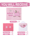 Large Pink Gift Bag Set With Greeting Card And Tissue Paper For Baby Girl Baby Shower And Kids Birthday Party 13 Inch By 5.2 Inch By 10.2 Inch 1 Pc 3D Elephant Design showing all inclusions.