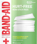 Box of Band-Aid Triple Layer Nonstick First Aid Pads, large, non-stick for wound care, gentle dressing changes, 10 pads per pack.