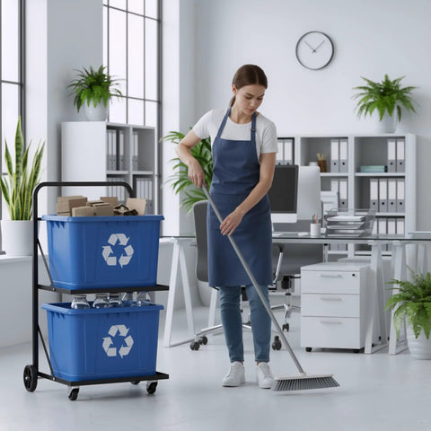 Ultra Heavy Duty Metal Recycling Cart With Butter Smooth Rolling Casters Dual Tier Premium Rust Resistant Steel Bin Stand For No Sweat Home Garbage Sorting Today with woman cleaning in office