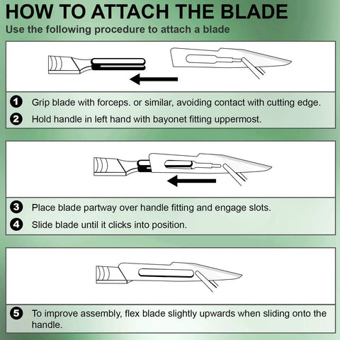 Instructional diagram on attaching Disposable Dermaplaning Scalpel Blades Size 20 Carbon Steel Sterile Pack Of 100 Individually Wrapped