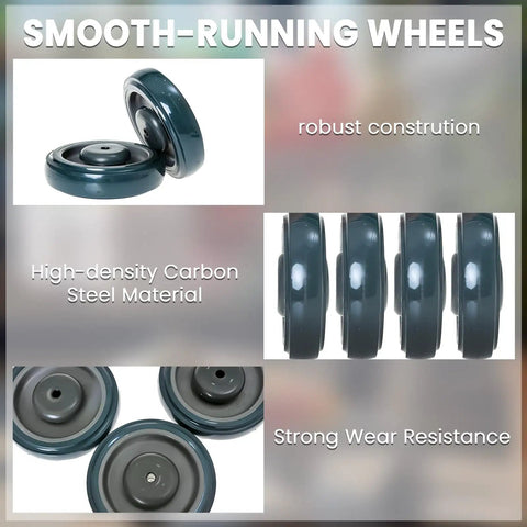 Rock Solid 5 Inch Shopping Cart Wheels 4 Pack Silent Glide TPU Swivel Casters With Steel Axles And Bolts For Heavy Haul Supermarket Carts And Rolling Work Benches showing high-density grey TPU wheels.