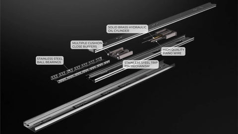 Exploded view of 14 Inch Soft Close Cabinet Drawer Slides Beefy Full Extension 1.2mm Stainless Steel Ball Bearing components.