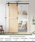 32x80 Inch Sliding Barn Door Slab With 5.5 Foot Hardware Kit Spruce Solid Wood Construction Easy DIY Assembly Rustic Barn Style Entry Door For Interior Rooms installed in a bedroom.