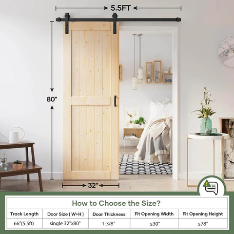 32x80 Inch Sliding Barn Door Slab With 5.5 Foot Hardware Kit Spruce Solid Wood Construction Easy DIY Assembly Rustic Barn Style Entry Door For Interior Rooms installed in a bedroom.