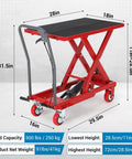Side view of red hydraulic lift table cart with black non-slip pad, 500 lb capacity.