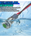 12V/24V Waterproof LED Indicator Light With 8mm Mount Metal Shell, Green Light immersible in water with wire connection