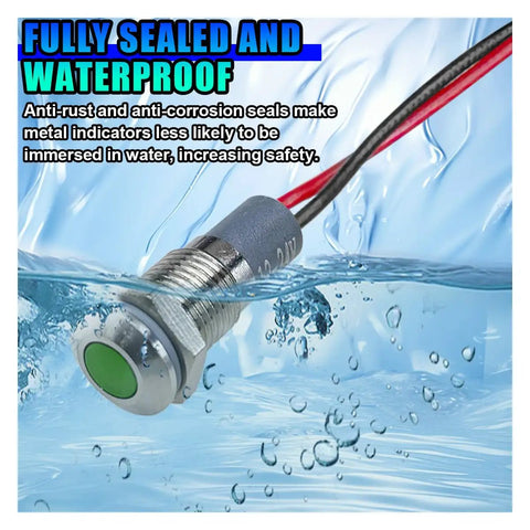 12V/24V Waterproof LED Indicator Light With 8mm Mount Metal Shell, Green Light immersible in water with wire connection