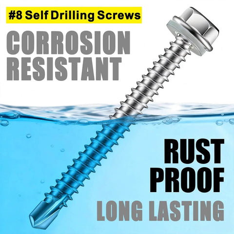 Self Drilling Screws For Metal With Hex Washer Head, Size Eight By One And A Half Inches, 410 Stainless Steel Magnetic