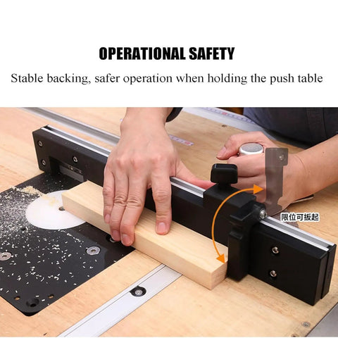Precision Table Saw Miter Gauge With Repeat Cut Flip Stop Reliable Metal Fence in use, ensuring accurate wood cuts.