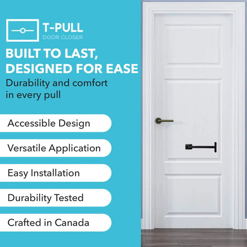 Accessible TPull Door Closer With Easy Grip Swiveling Handle For Interior Or Exterior Doors No Fuss Durable High Density Plastic Build Pain Free Operation For Mobility Helpers Made In Canada shown on white door with features listed