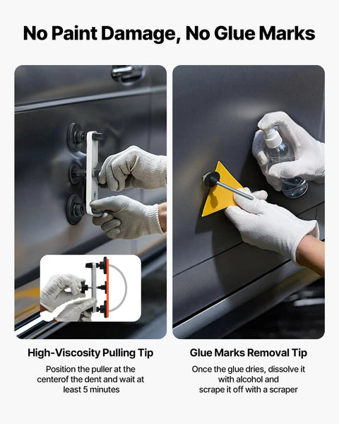 Using Paintless Dent Removal Kit With 60 Pieces Including Dent Lifter Bridge Puller Rubber Hammer Glue Gun And 24 Puller Tabs for cars.