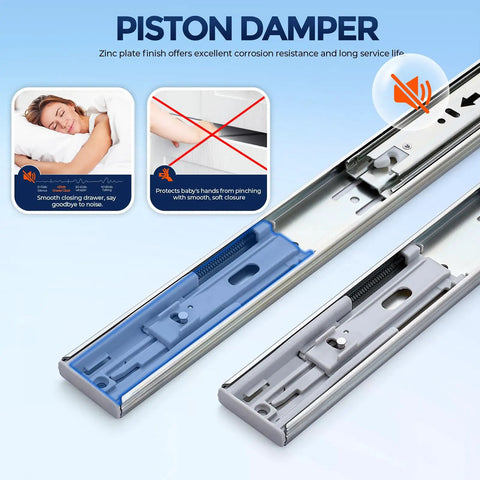 Top Shelf Hella Smooth Soft Close Drawer Slides 20 Inch Heavy Duty, Piston damper feature for silent operation and safety.